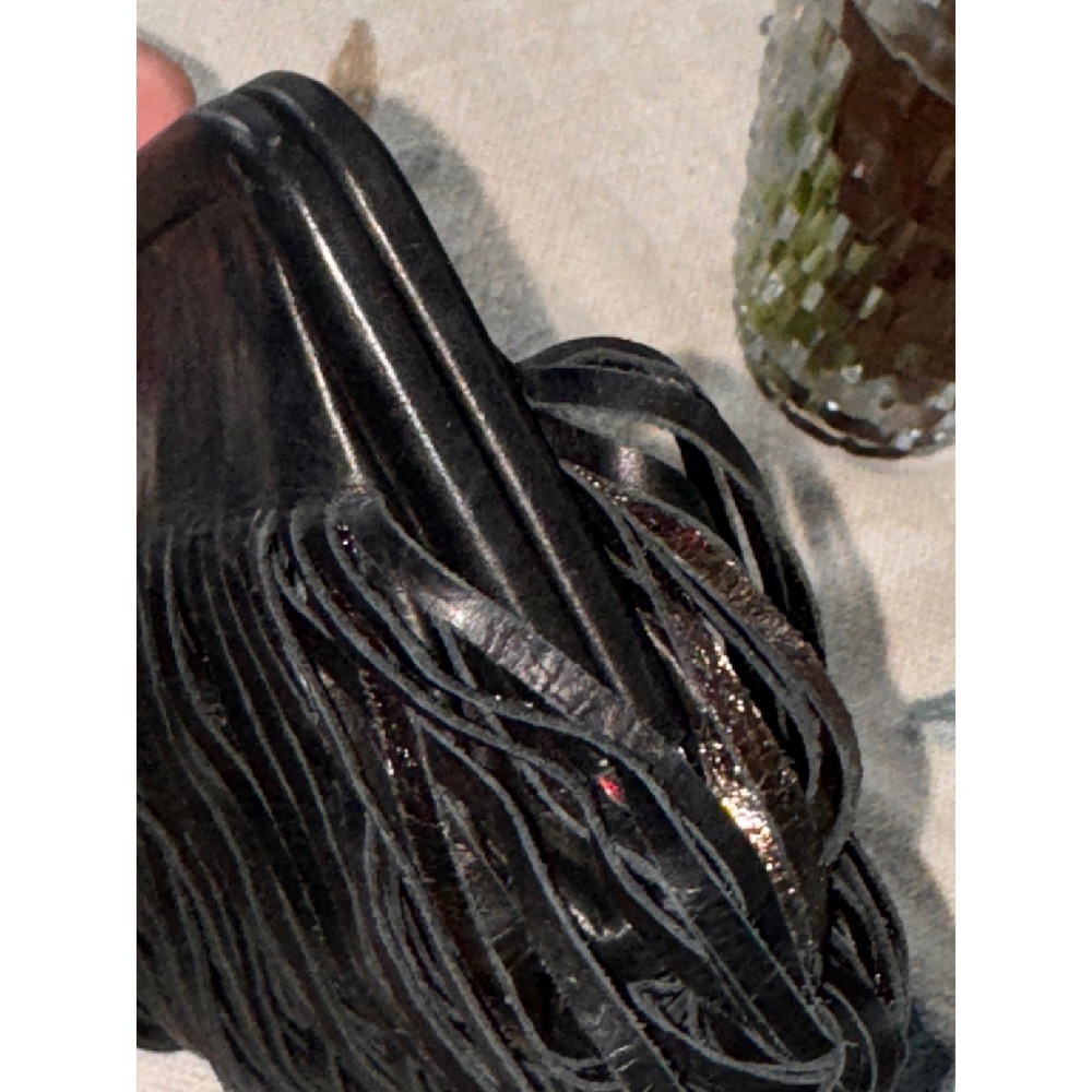 KATHERINE KWEI Black Leather Fringe Clutch Bag New York Evening Occasion - Picture 10 of 11